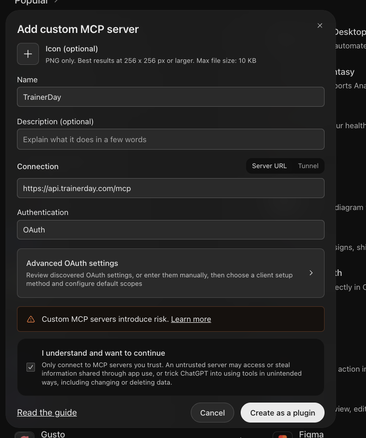 Add custom MCP server dialog filled in with TrainerDay and the API URL