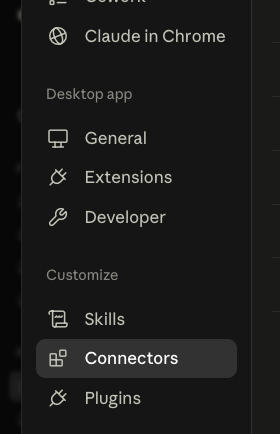 Claude settings menu with Connectors highlighted
